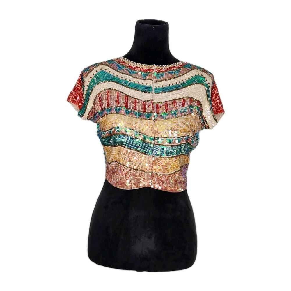 NWT Sean Combs Cropped Sequin Short Sleeve Silk Blend Cardigan Size Small Flaws!